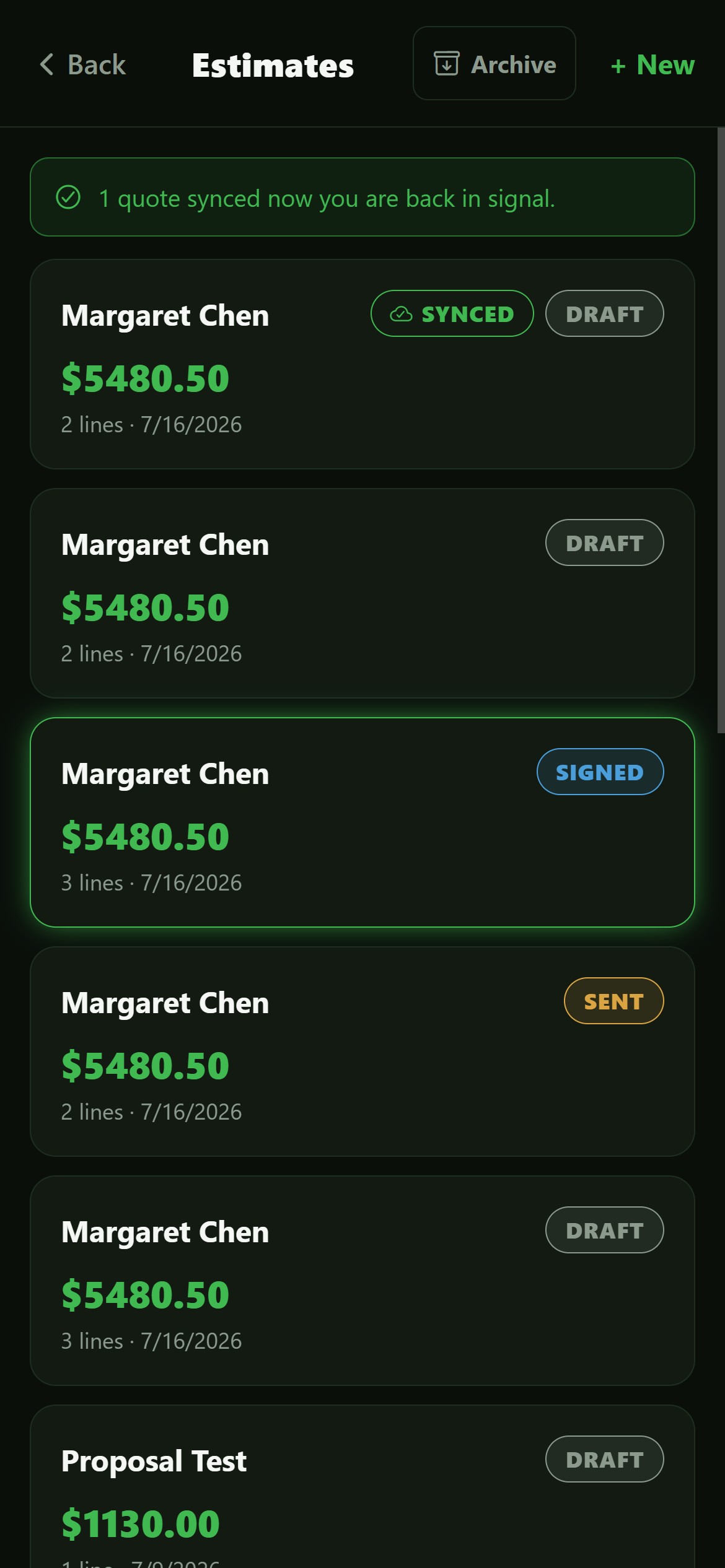 The same list back in signal: the quote now marked SYNCED and a banner confirming one quote was sent.