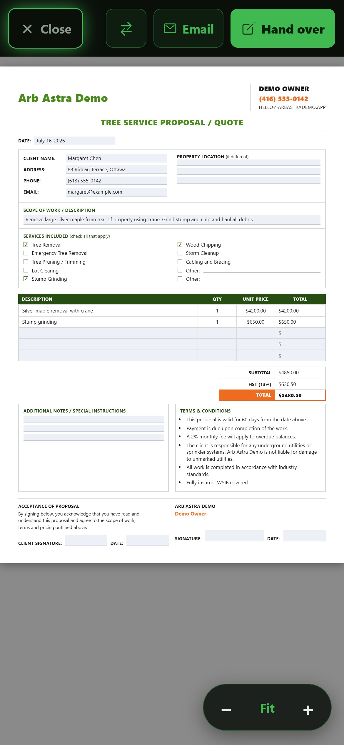 Presentation mode showing the company's own letterhead proposal: client details, services, line items, total and signature blocks.