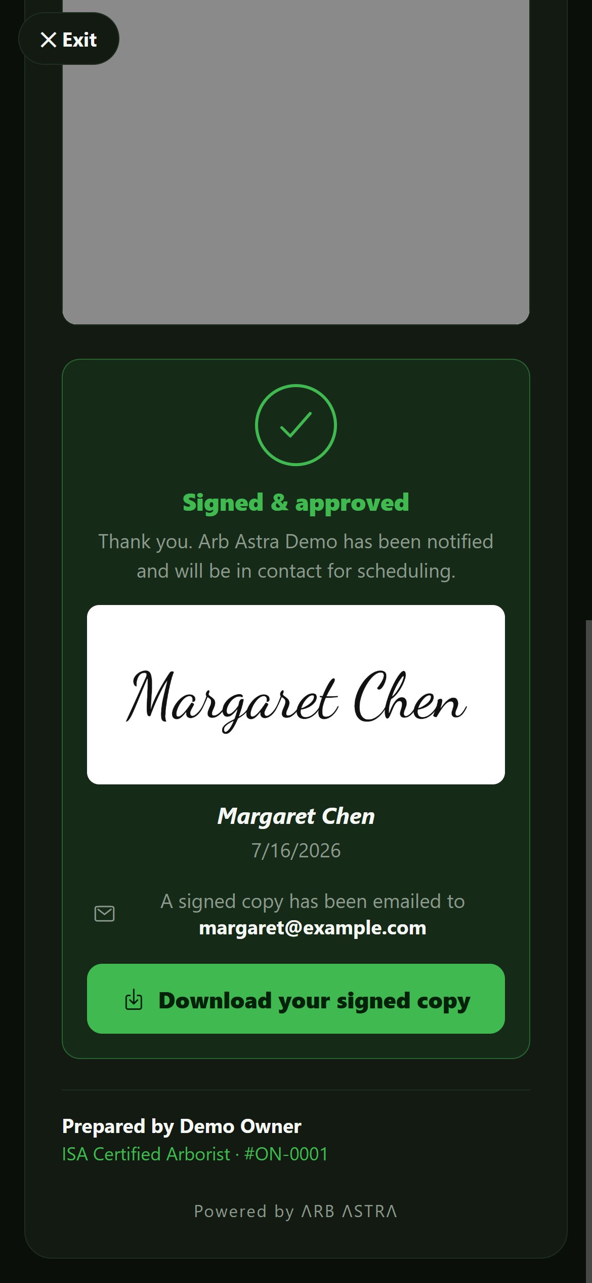 The signed confirmation: a green checkmark, Signed and approved, the customer's drawn signature, the date, and a note that a signed copy has been emailed.