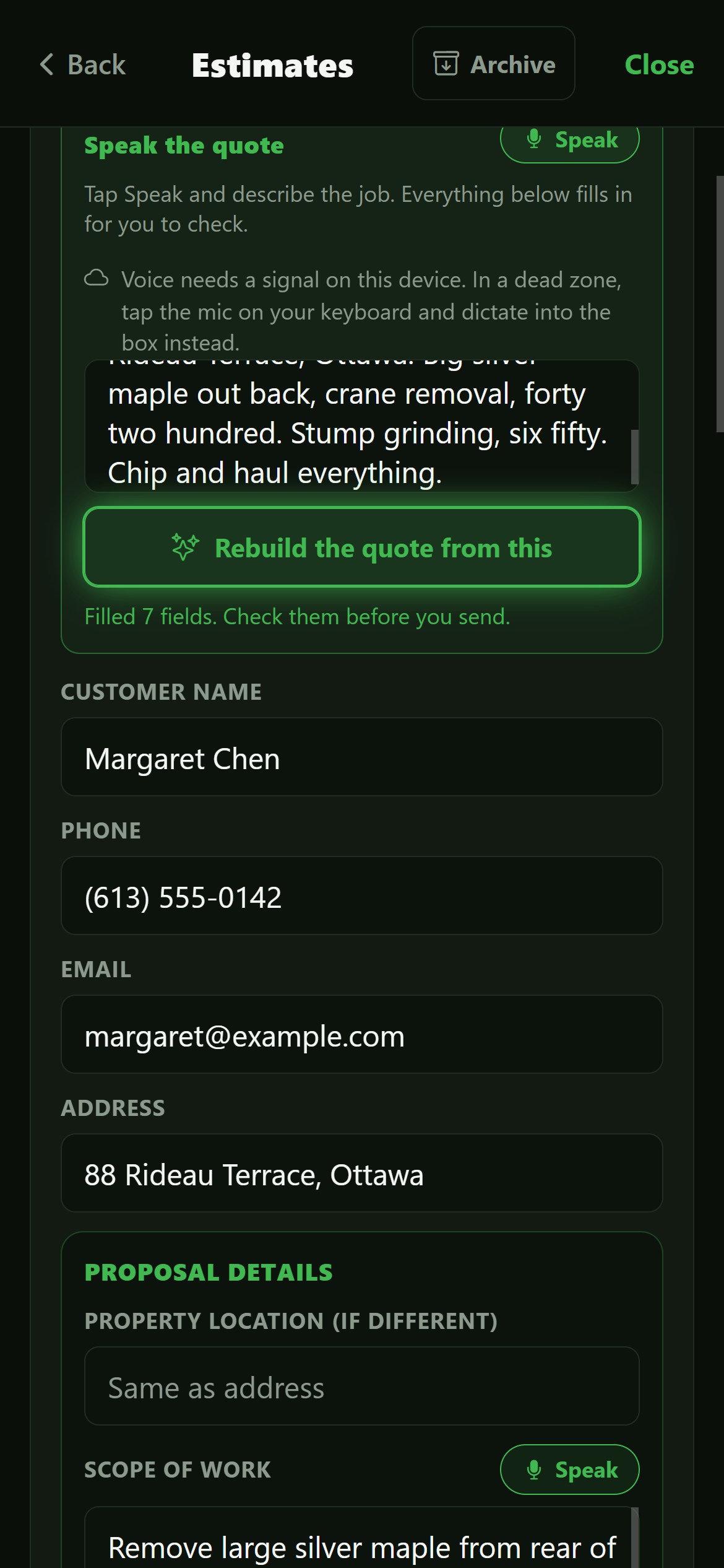 The same screen after rebuilding: customer name, phone, email and address all filled in from the voice note.